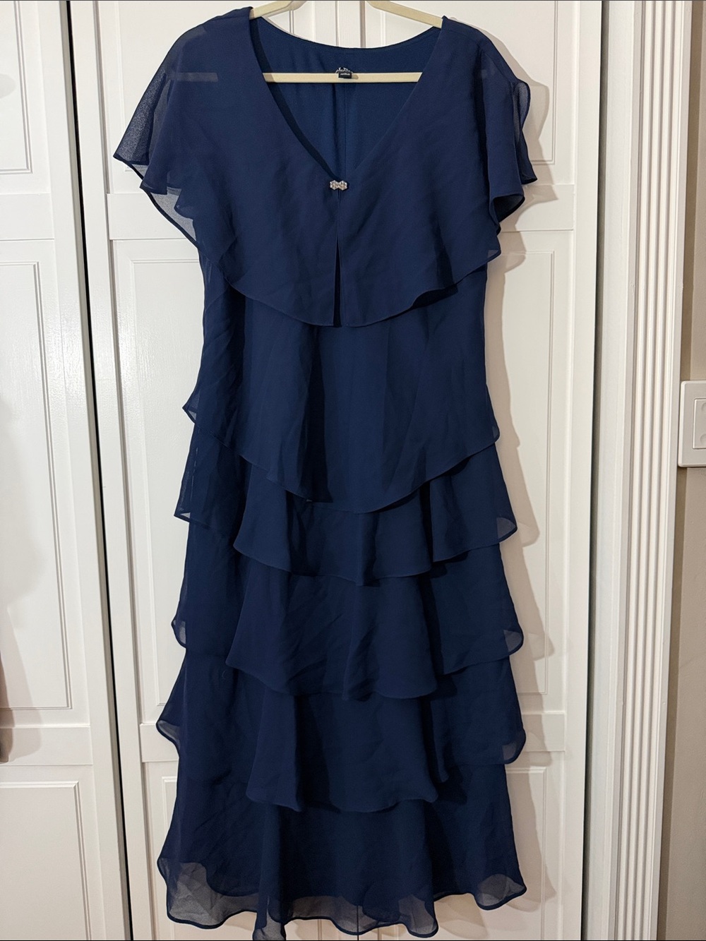 SLNY Navy Layered Ruffle Midi Dress